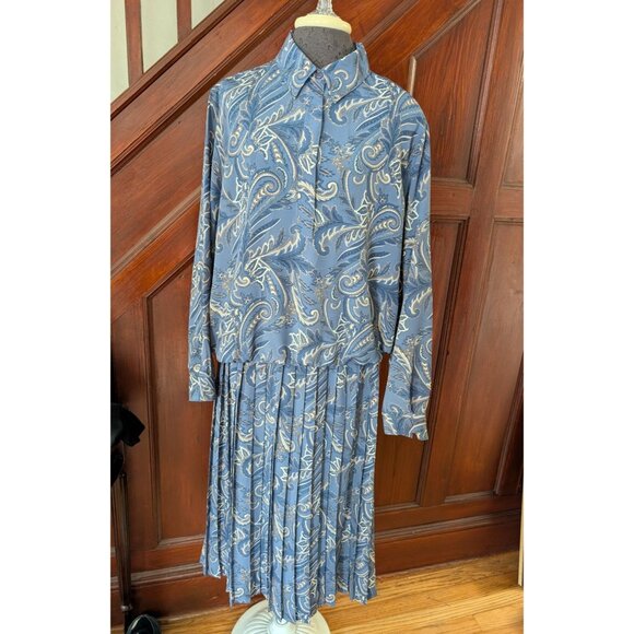 Alfred Dunner Paisley Pleated Skirt & Button-Up Shirt Set 18W Blue/Beige Outfit - Picture 1 of 11